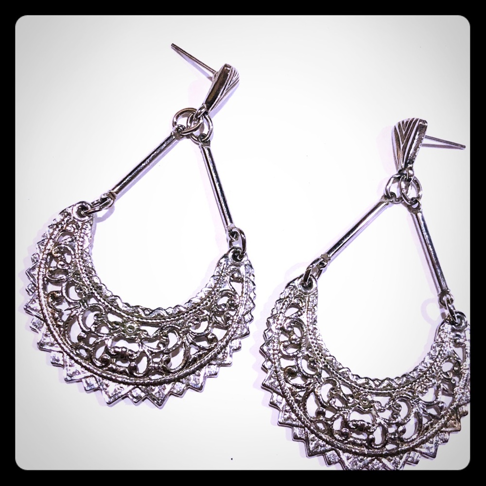 Cool Silver Tone Filigree Crescent Drop Earrings
